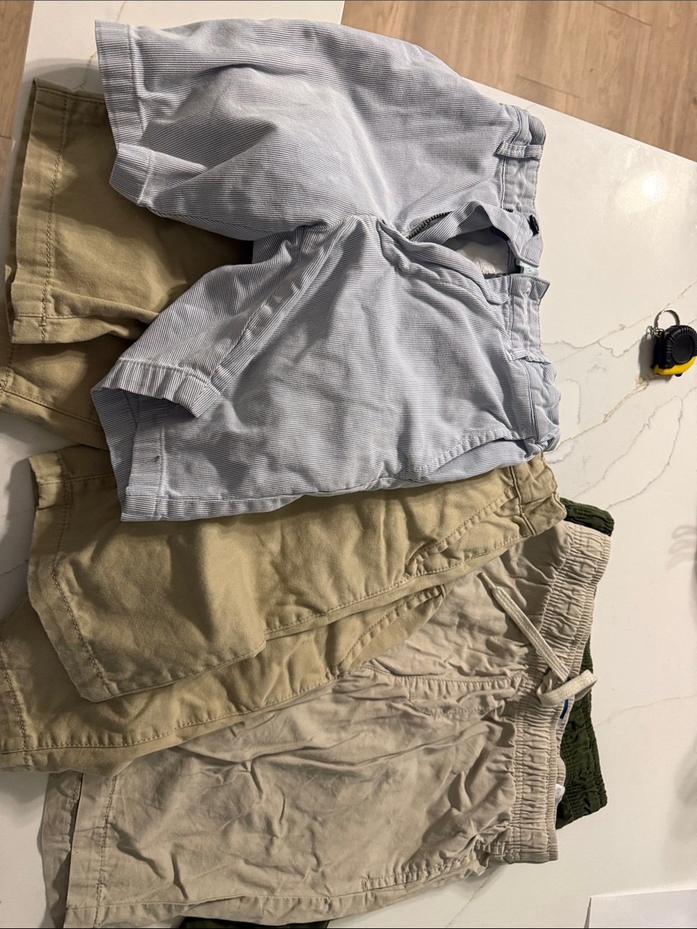 Old Navy Light Blue Shirt with Khaki & Tan Kids Flat Front Shorts